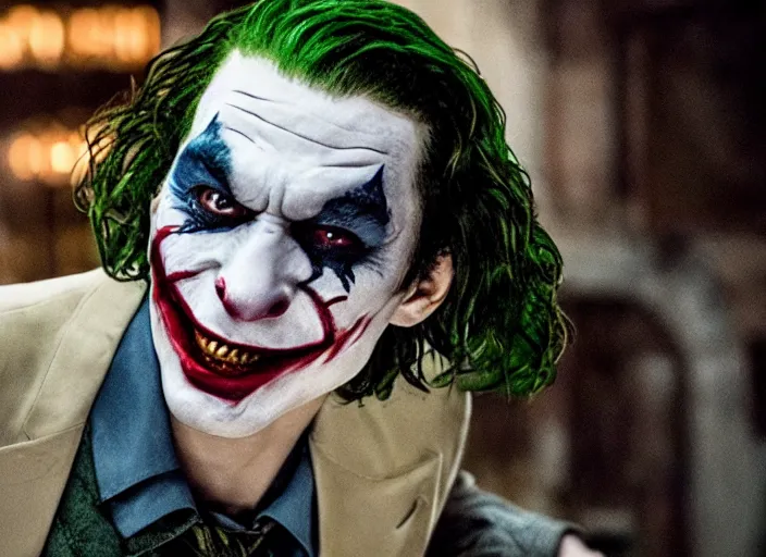 Image similar to film still of ezra miller as the joker in the new batman movie, 4 k