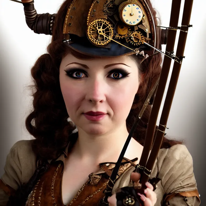 Image similar to full length portrait photograph of a real-life beautiful woman steampunk archer. Extremely detailed. 8k