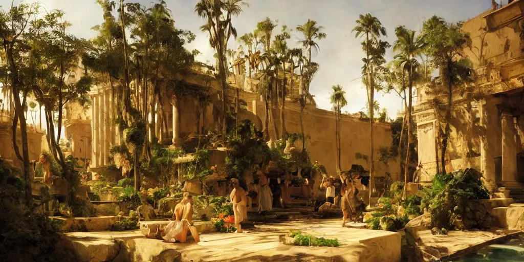 Prompt: beautiful landscape oil matte painting, of bustling empire hanging gardens of babylon, art by anders zorn, wonderful masterpiece highly detailed, beautiful cinematic light deep focus, elegant, digital painting, smooth, sharp focus, golden ratio, dramatic illumination, ultra realistic, 8 k, art by artemisia lomi gentileschi and caravaggio