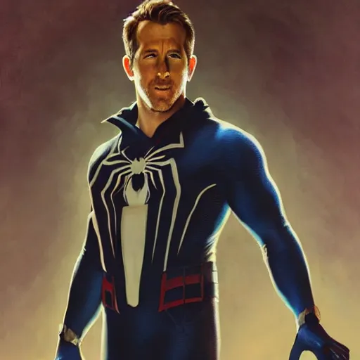 Image similar to ryan reynolds as spider - man, wearing a black and blue suit, cinematic, volumetric lighting, f 8 aperture, cinematic eastman 5 3 8 4 film, photorealistic by greg rutkowski, by stanley artgerm, by alphonse mucha