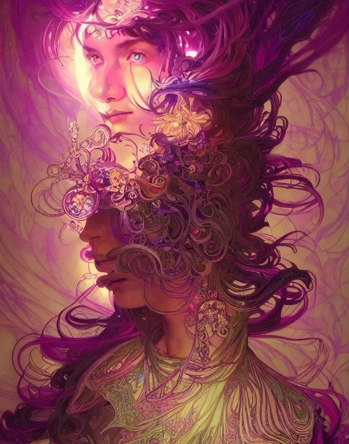 Image similar to psychedelic acid trip, blacklight reactive, fantasy, intricate, elegant, highly detailed, digital painting, artstation, concept art, matte, sharp focus, illustration, art by Artgerm and Greg Rutkowski and Alphonse Mucha