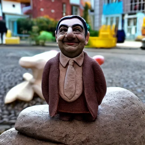 Image similar to mr bean made of clay in a cardboard city, cute, 55mm lens f1.4