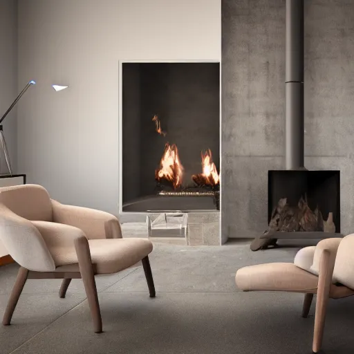 Image similar to two armchairs sitting in front of a cosy fireplace, modern home design interior, octane render, hyperrealistic, concrete archetecture, vray, volumetric lighting, cinema 4 d, unreal engine