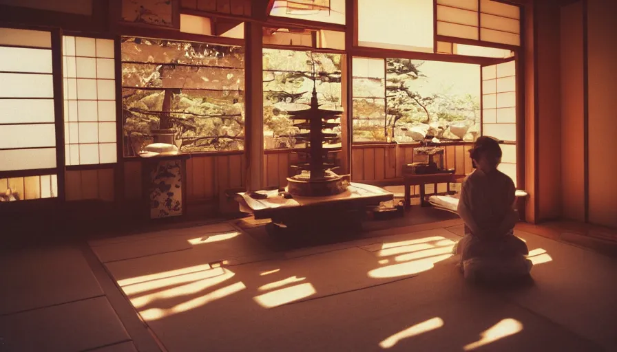 Prompt: 1 9 9 0 s candid 3 5 mm photo of a beautiful day in the family kitchen, cinematic lighting, a japanese pagoda temple bursts through the floor, a pagoda is in the living room, cinematic look, golden hour, uhd