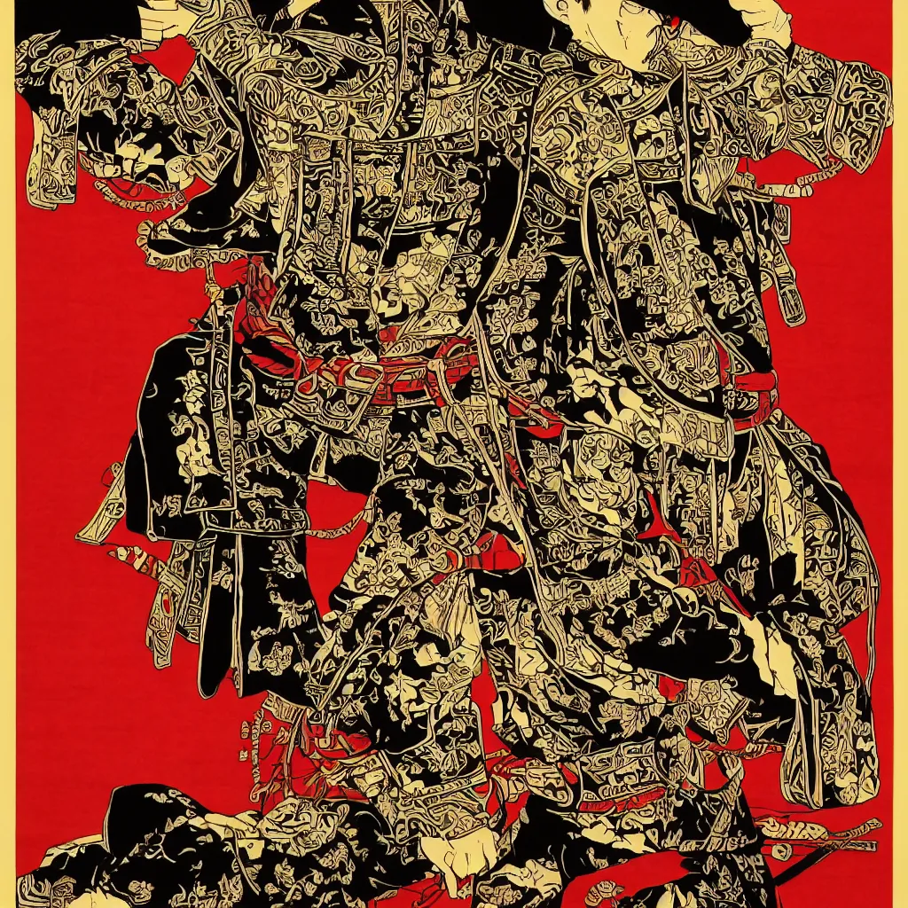 Image similar to an epic detailed political poster of a Japanese samurai in a temple, with Japanese text, high quality, intricate, detailed, 4k, by Shepard Fairey