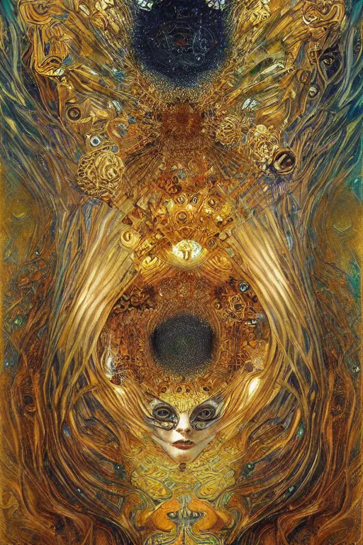 Image similar to Divine Chaos Engine by Karol Bak, Jean Deville, Gustav Klimt, and Vincent Van Gogh, visionary fractal structures, spirals