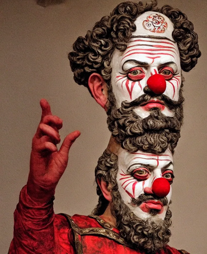 Prompt: marcus aurelius the last good emperor of rome, clown face paint