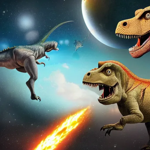 Image similar to dinosaurs living in space, realistic, detailed, precise, 4k