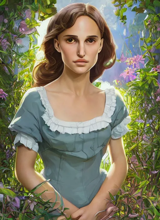 Image similar to well - lit art nouveau face portrait of a 1 3 - year old natalie portman playing in the garden, natural lighting, path traced, highly detailed, high quality, cartoon, digital painting, by don bluth and ross tran and studio ghibli