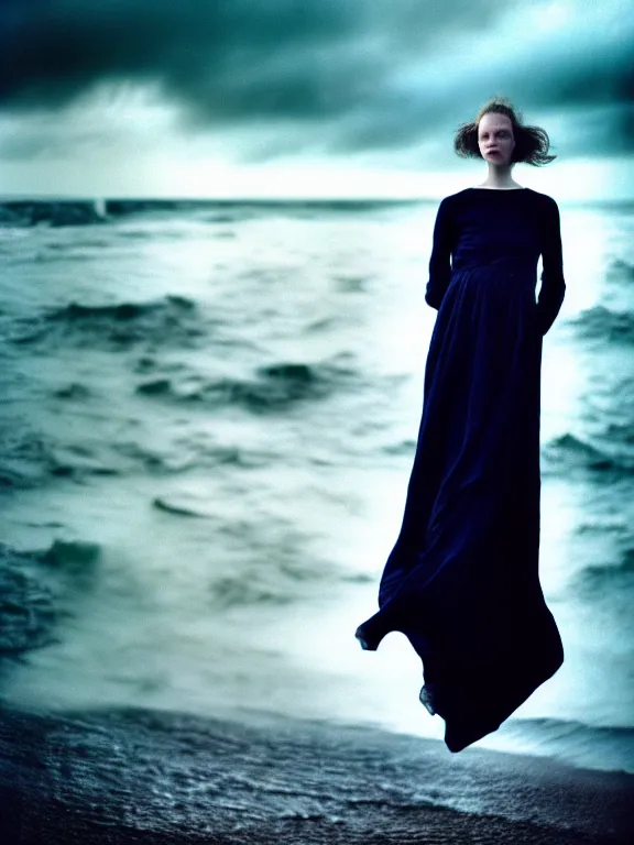 Image similar to cinestill 5 0 d photography of a woman britt marling 3 / 4 style of paolo roversi, dress in voile, hair like dark clouds floating on air, mute dramatic colours, soft blur outdoor stormy sea background, volumetric lighting, hyperdetailed, hyperrealistic