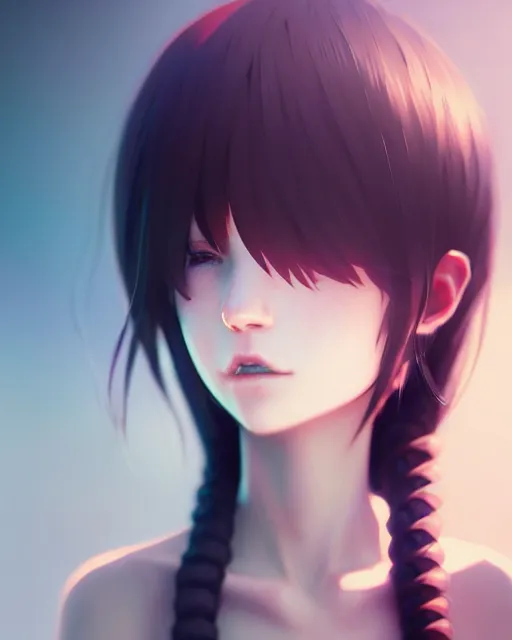 Image similar to full very close up neck shot of a beautiful loner girl, in tshirt with her hair covering eyes, demented, irish, by saruei and guweiz and ilya kuvshinov and range murata, digital art, highly detailed, intricate, sharp focus, trending on artstation hq, deviantart, pinterest, unreal engine 5, 4 k uhd image