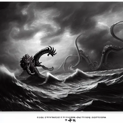 Prompt: warrior with shield fighting a kraken monster during a stormy night, rule of thirds, nestor canavarro hyperrealist, sharp outlines, cinematic style, lot of foam