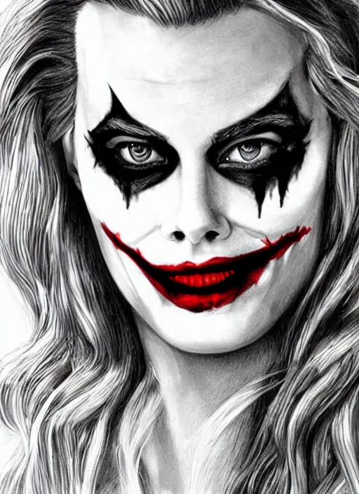 Image similar to pencil drawing of margot robbie with joker makeup, ace card, realistic face, black and white, hyper realistic, highly detailed