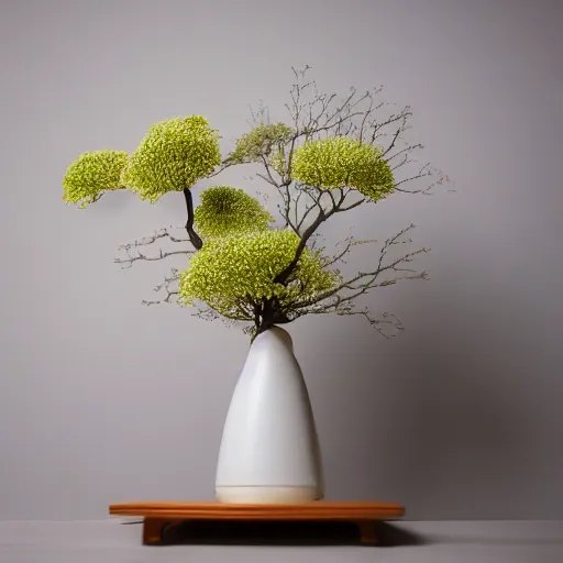 Image similar to a photo of 8k Ikebana in flower vase, ikenobo, ohararyu, sougetsu, wide angle, full body, sony a7r3, ultra detail, photorealistic, in simple background