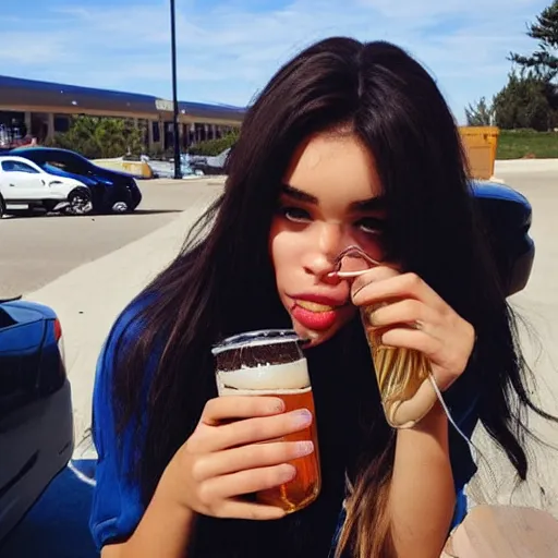 Image similar to Madison Beer drinking beer in the parking lot, realistic, sunset 😂😂😂☺️☺️☺️