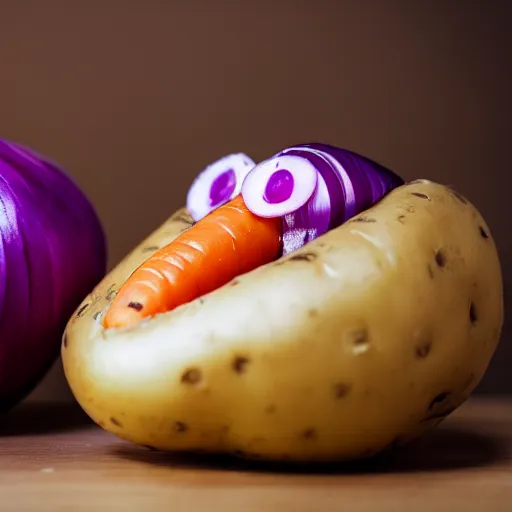 Image similar to a film still of a horror movie featuring a half peeled potato, half peeled carrot, and a red onion, high quality, photography, 8 k, award winning