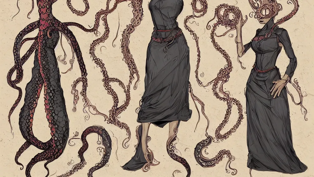 Image similar to aged paper, concept art, colorful character sheet for a stocky alien extraterrestrial female servant maid with thick snake - like tentacles instead of hair, long dress with apron, retrofuture, valerian, moebius, coherent, illustration, digital art, trending on artstation, hd, 8 k, good lighting, beautiful, rough paper, masterpiece