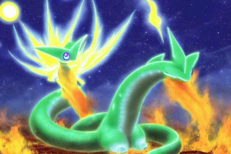 Prompt: digital art view of the latios the serpent standing in front of burning house looking at camera celebi asteroid ill