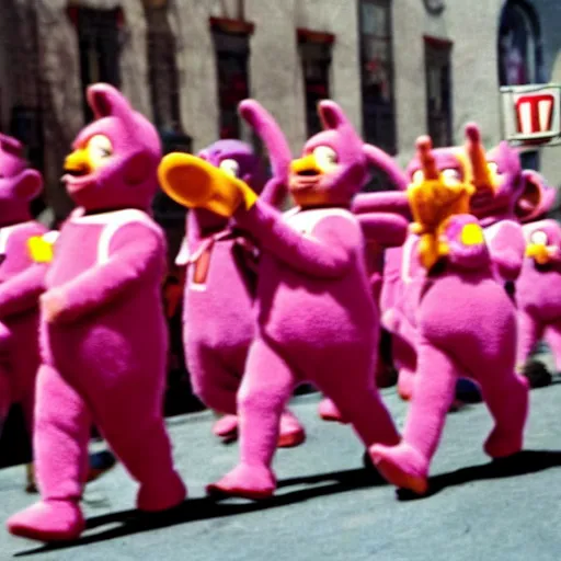 Prompt: teletubbies in a parade in nazi germany