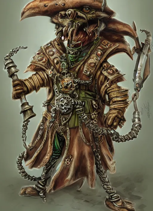 Image similar to a skaven from warhammer fantasy with human eyes and a gray beard, wearing jewelry, tricorne hat, green robe, d & d, digital art, detailed face, highly detailed, trending on artstation, realistic