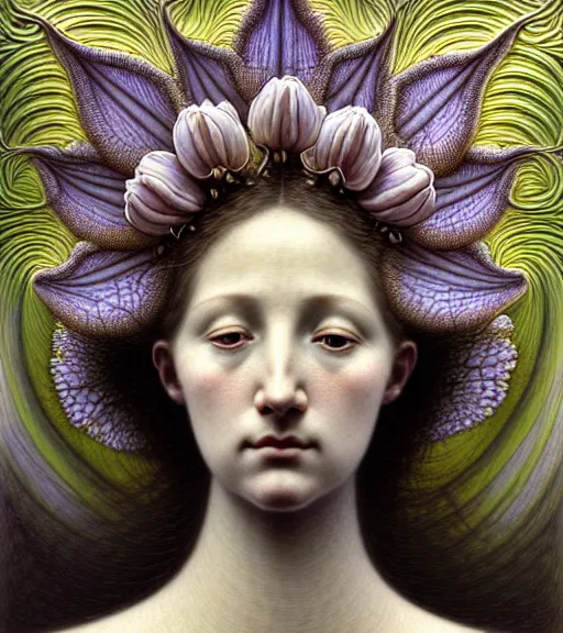 Image similar to beautiful young flower queen detailed realistic porcelain face portrait by jean delville, gustave dore, iris van herpen and marco mazzoni, art forms of nature by ernst haeckel, art nouveau, symbolist, visionary, gothic, neo - gothic, pre - raphaelite, fractal lace, intricate alien botanical biodiversity, surreality, hyperdetailed ultrasharp octane render