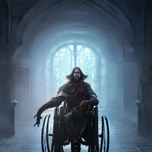 Prompt: handsome portrait of a wheelchair guy fitness posing, radiant light, caustics, heroic, smooth, one legged amputee, bloodborne gehrnan costume, bright iridescent light, by gaston bussiere, bayard wu, greg rutkowski, giger, maxim verehin