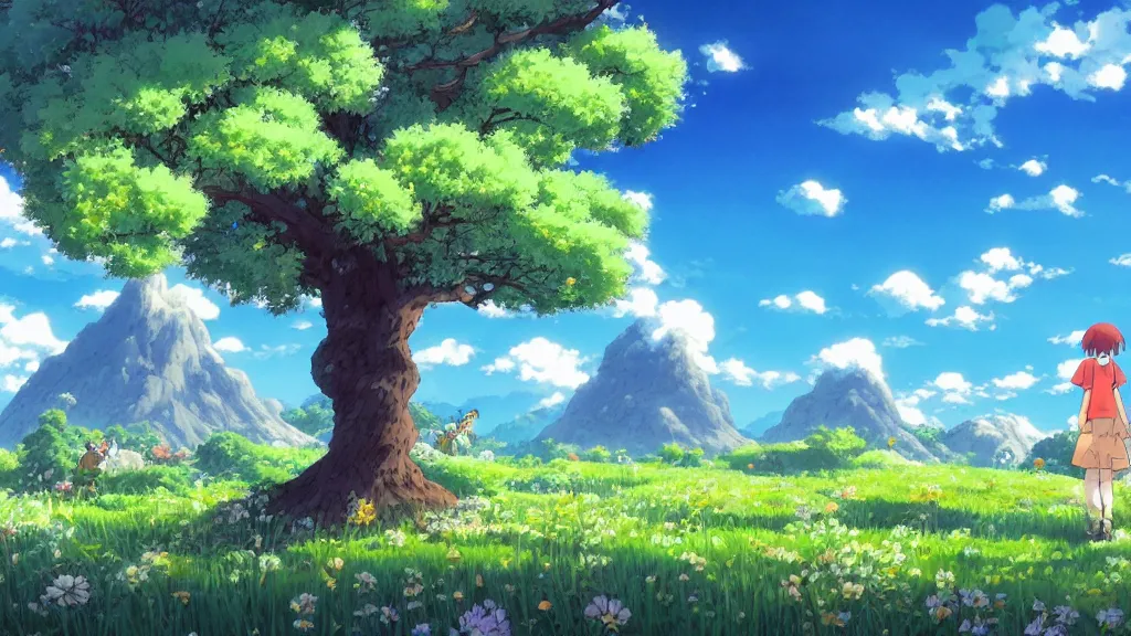 Image similar to fantastic anime sunny meadow with flowers, lone old Oak in the middle plane and mountains on the background, by Hayao Miyazaki, nausicaa of the valley of the wind, studio Ghibli style, Anime wallpaper, stunning