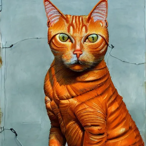 Prompt: close up of an orange tabby cat, front angle, by Lucian Freud and Jenny Saville and Anselm Kiefer, oil painting, rust, Scaffolding, rusted metal and sunflowers, iron cladding, decay, mixed media, textured, anatomically correct, beautiful perfect face, visible brushstrokes, sharp focus, Highly Detailed, Cinematic Lighting, 8k, HD