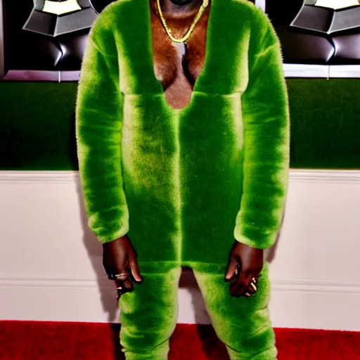 Image similar to kanye west at the grammys in an avocado costume, red carpet photo