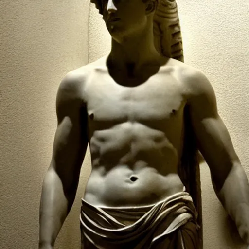 Image similar to ryan gosling as roman statue, dramatic light, reflective, clear face