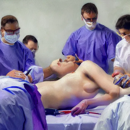 Image similar to by wlop 4 k resolution, blue - violet curvaceous. a beautiful photograph of a team of surgeons gathered around a patient on an operating table, with one surgeon in the process of cutting into the patient's chest. the photograph is full of intense colors & brushstrokes, conveying the urgency & intensity of the surgery.