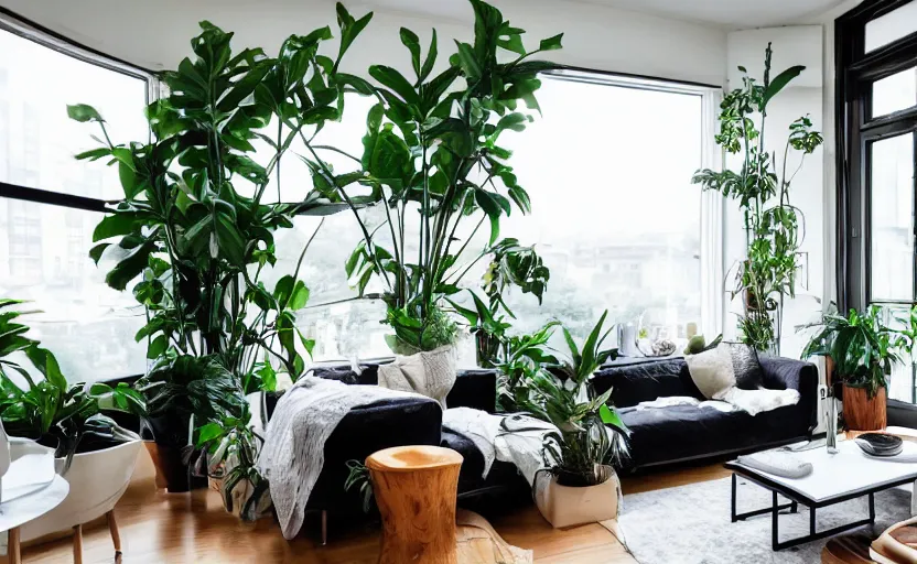 Prompt: interior of a bohemian living room, black and white, green potted plants, couch, diner table, cupboards, modernist, minimalism, big windows with a view of lush trees, feng shui, 8 k