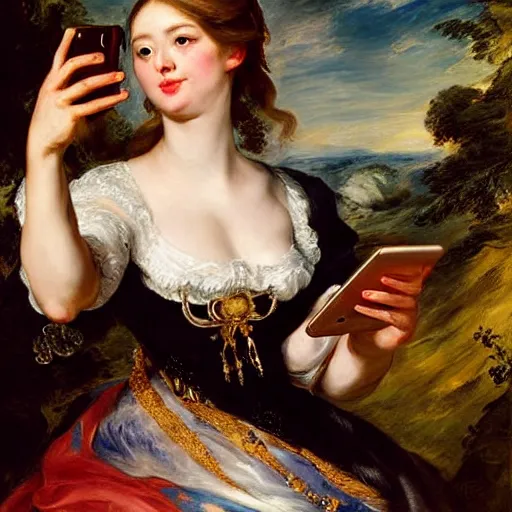 Image similar to heavenly summer sharp land sphere scallop well dressed lady taking a selfie with her iphone auslese, by peter paul rubens and eugene delacroix and karol bak, hyperrealism, digital illustration, fauvist, iphone