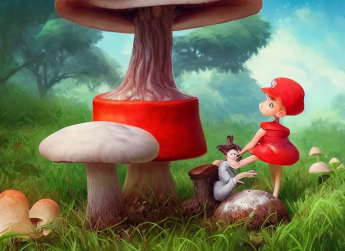 Image similar to a cute creature sitting next to a mushroom, dr seuss very pretty, artgerm lau, wlop, rossdraws, artstation, cgsociety, concept art, octane render, trending on artstation, artstationhd, artstationhq, unreal engine, 4 k, 8 k