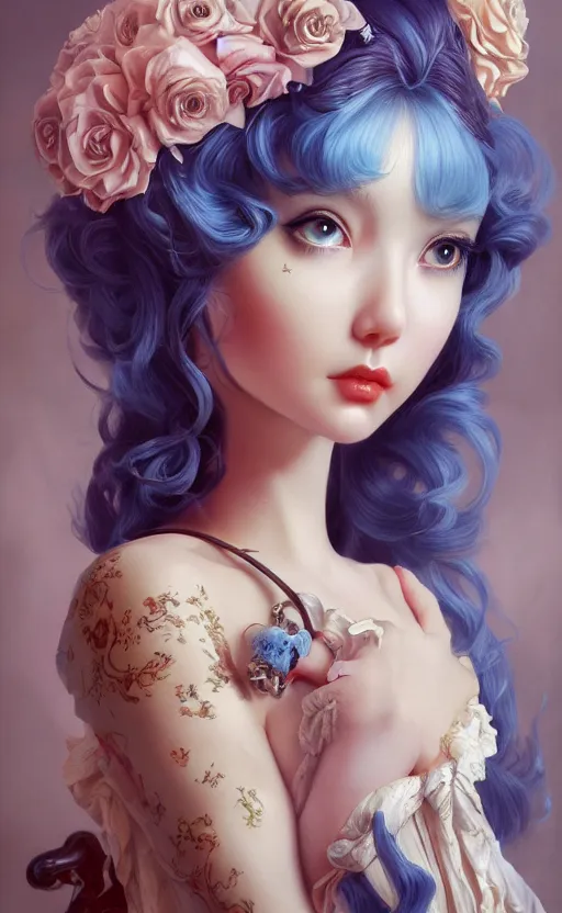 Prompt: pop surrealism, rococo, blue baroque hair, young female seductive - fine - face, pretty face, key visual, realistic shaded perfect face, fine details by stanley artgerm lau, wlop, mark ryden, andrei riabovitchev, marc simonetti, and sakimichan, trending on artstation