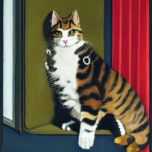 Image similar to fuzzy furry ears Portrait of Man camouflaged as Tabby Cat whilst wearing a pink tuxedo Standing atop a Garbage Truck Eric Ravilious Edward Hopper Newell Convers Wyeth Andrew Wyeth Jamie Wyeth