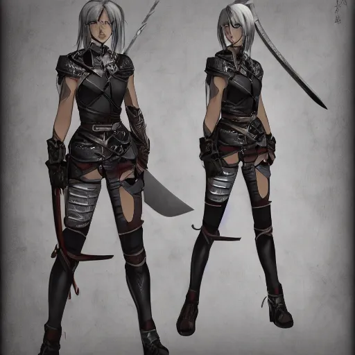 Image similar to a female adventurer in leather armor with a sword attached to her hip, anime style, character sheet, concept art, silver hair, detailed face, artstation, trending, masterpiece, high resolution