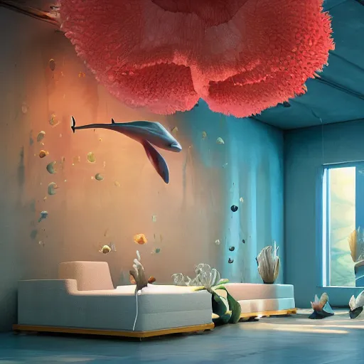 Prompt: the realistic photo of the modern fashionable room as aquarium with a chandelier as a big jellyfish, beautiful corals on the walls and sharks in the big panoramic window, a lot of gleans, under the ocean, realistic colors, realistic shadows, daylight made in blender, hd, 3 d by beeple and by greg rutkowski