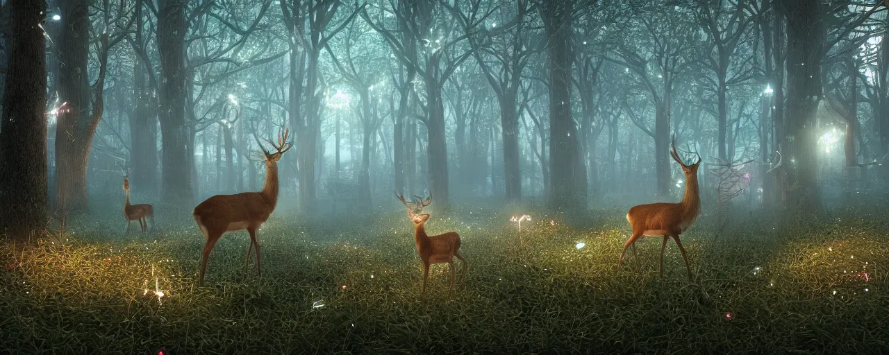 Image similar to deer in an ethereal forest made from glowing circuits and electronics, highly detailed concept art, 3 d, volumetric lighting