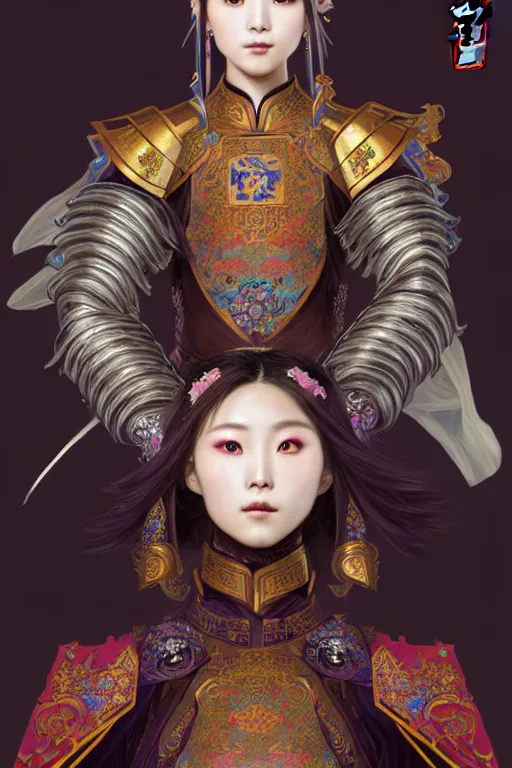 Image similar to beautiful and divine and holy and elite and colorlpunk three kingdom chinese female armor knight portrait like twice tzuyu+shinnyy eyes+front face with light flowing hair, ultradetail face, art and illustration by tian zi and craig mullins and WLOP and alphonse mucha, fantasy, intricate complexity, human structure, human anatomy, fantasy character concept, watermark, blurry, hyperrealism 8k