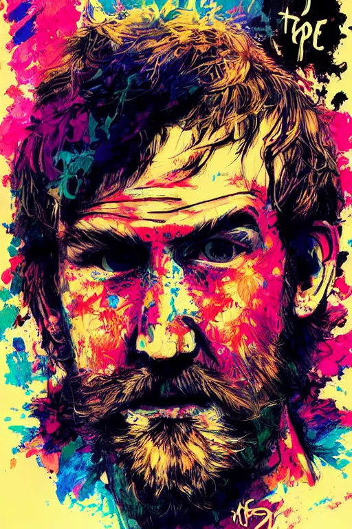 Image similar to inspirational style hope poster of bo burnham with beard, psychedelic colors, highly detailed, realistic, loving by yoji shinkawa