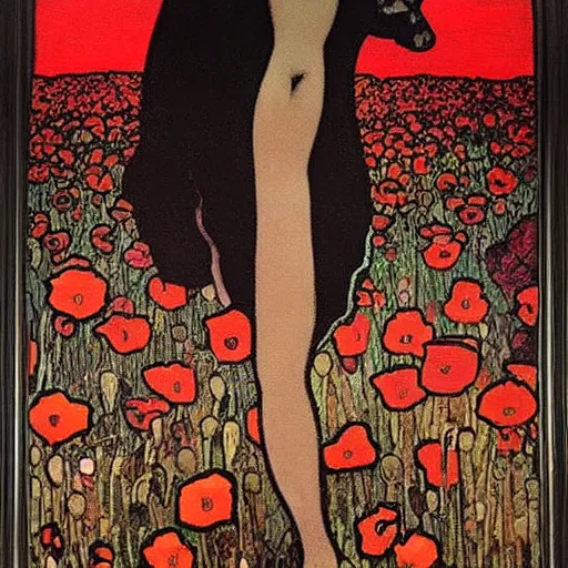 Image similar to a masterpiece painting by mucha exposed at the louvre : black cat taking the sun in a poppy field with a red sunset in the background, very detailled, crisp details, featured in artscape