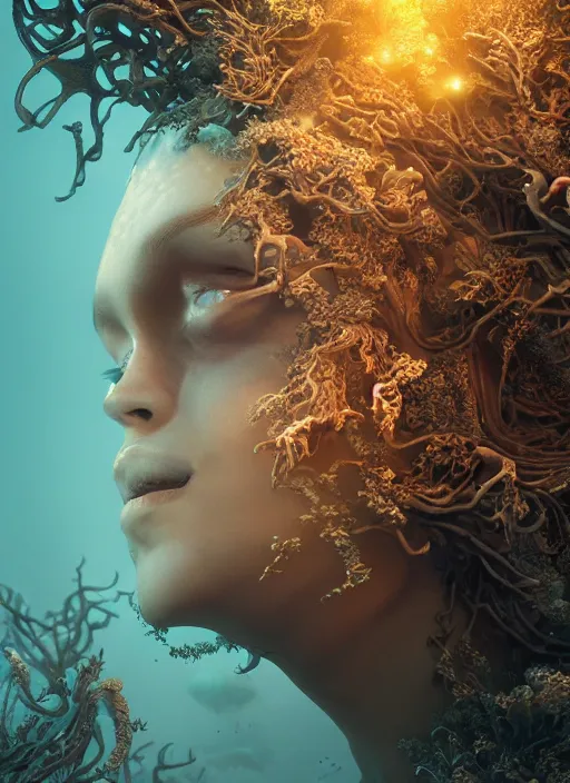 Prompt: beauteous underwater biomechanical incredible hair, crystalline masterpiece incrustations, hyperdetailed face, elegant pose, movie still, intricate, octane render, cinematic forest lighting, cgsociety, unreal engine, crepuscular rays, god rays, caustic lighting