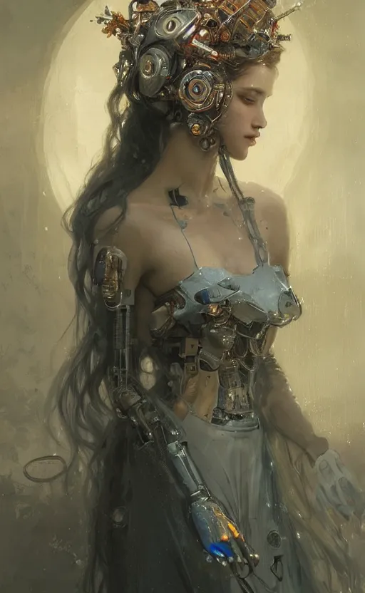 Image similar to a beautiful painting of a crowned robotic cyberpunk princess with stunning face in a flowing gown, intricate, elegant, highly detailed, digital painting, artstation, concept art, by krenz cushart and artem demura and william adolph bouguereau