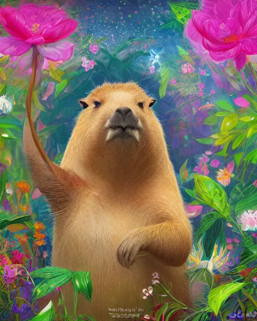 Image similar to Capybara playing Guitar in magical forest, portrait, wearing flower crown, magical notes, flowers, flower dress, birds, fairy atmosphere, magic the gathering artwork, D&D, fantasy, cinematic lighting, centered, symmetrical, highly detailed, digital painting, artstation, concept art, smooth, sharp focus, illustration, volumetric lighting, epic Composition, 8k, art by Akihiko Yoshida and Greg Rutkowski and Craig Mullins, oil painting, cgsociety