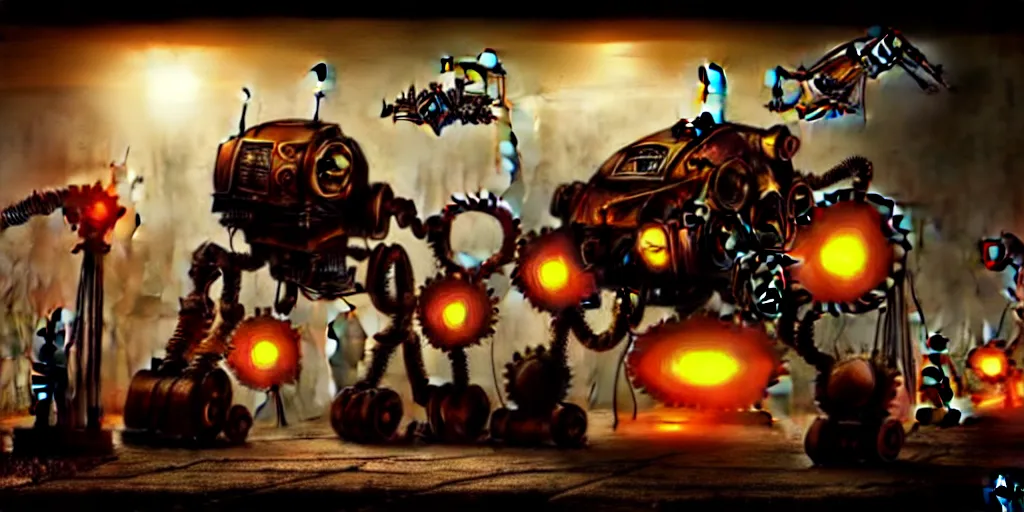 Image similar to steampunk robot wars, digital art, hard backlight, hyperrealistic, fantasy art, matte painting