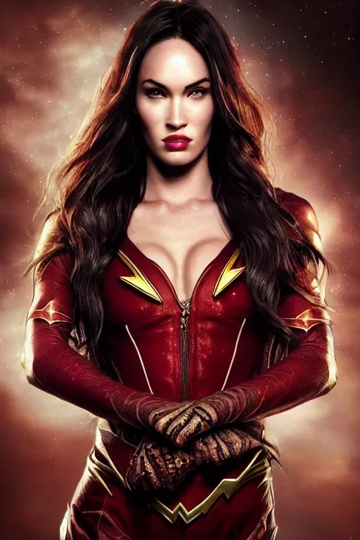 Image similar to majestic and regal portrait of megan fox female the flash, dc universe, perfect face, beautiful, intricate, epic, elegant, fantasy, highly detailed, digital painting, hard focus, beautiful volumetric lighting, epic light, ultra detailed, by leesha hannigan, ross tran, thierry doizon, kai carpenter, ignacio fernandez rios