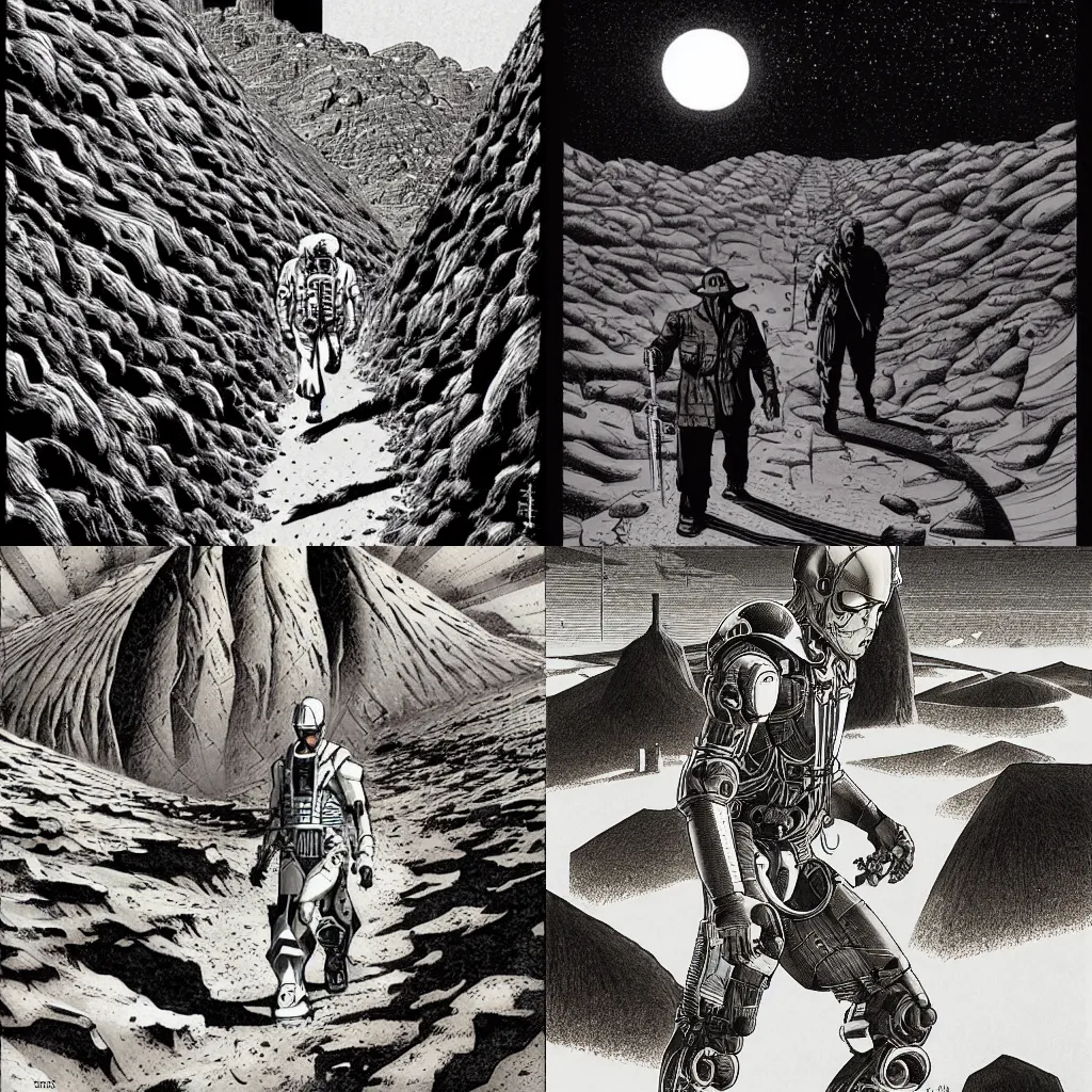 Prompt: Cyborg walking in the desert, Dark, Intense, Dramatic, prolific, Black and White by François Schuiten