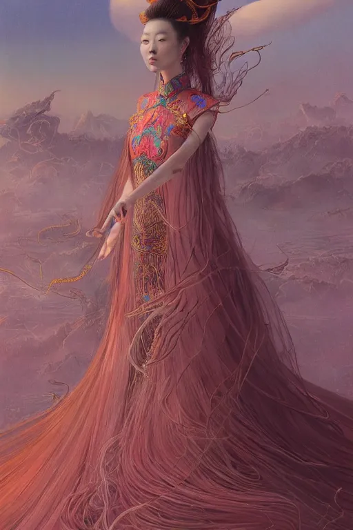 Image similar to a chinese princess in a dress with long hairs, art by James Jean and Wayne Barlowe, high detail, cinematic, cgsociety 8k