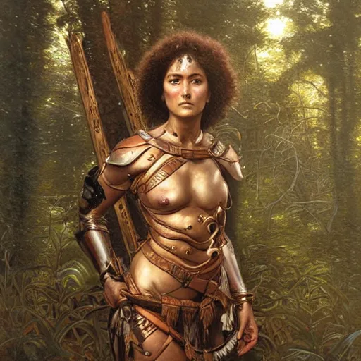 Image similar to a detailed, beautiful oil painting of a warrior woman who looks like keisha castle hughes, wearing intricate, etched copper armor in an ancient forest, by michael whelan, donato giancola, and william adolphe bouguereau